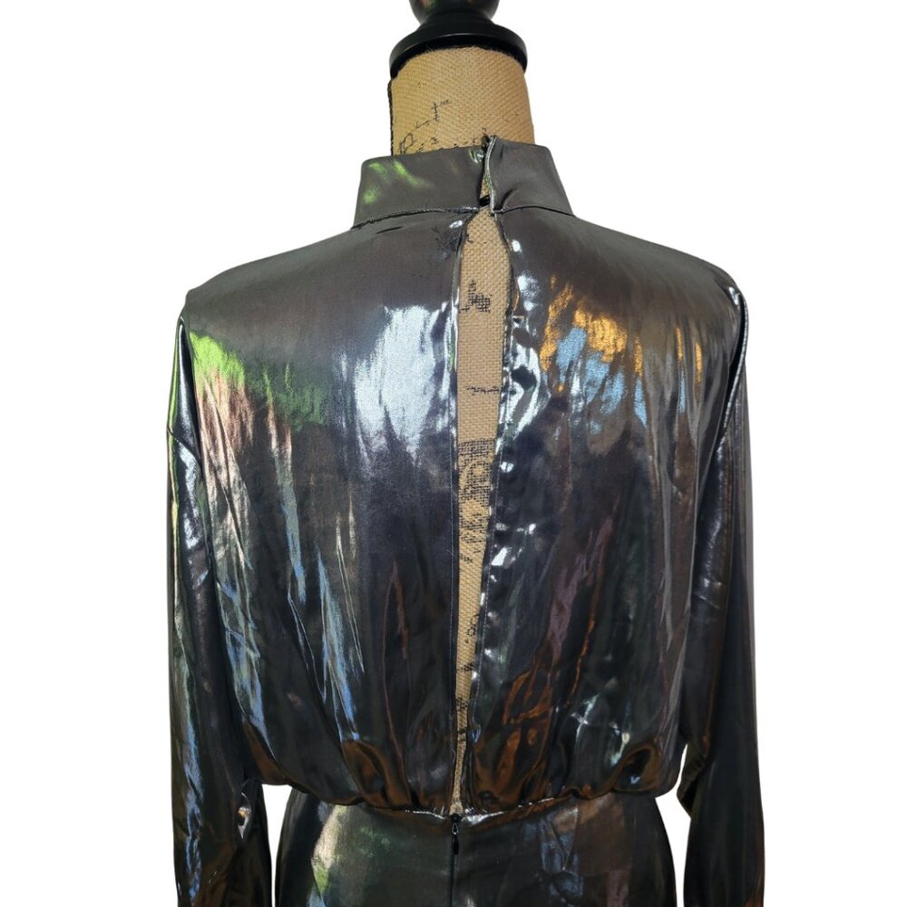 Zara Metallic Silver Long Sleeve Mock Neck Open Back Mini Dress Medium - Picture 4 of 9